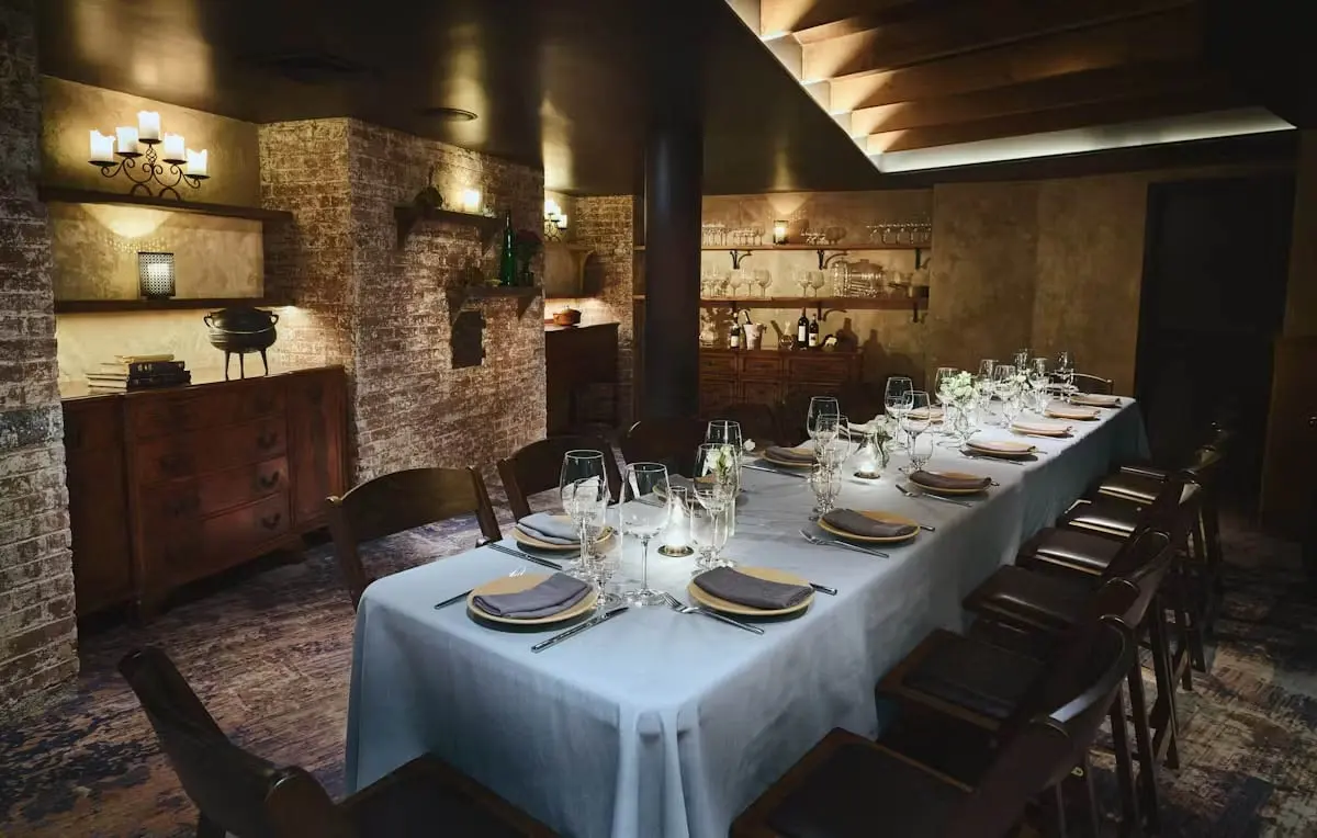 Private dining room at Marc Forgione with a long linen-dressed table