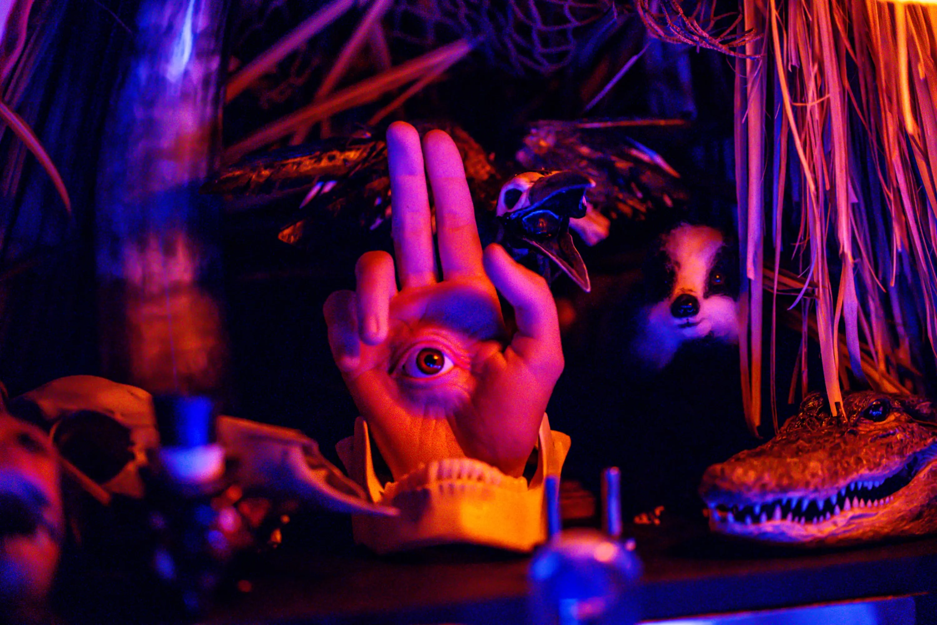 Vignette of skulls and artifacts lit in violet and orange at Paradise Lost